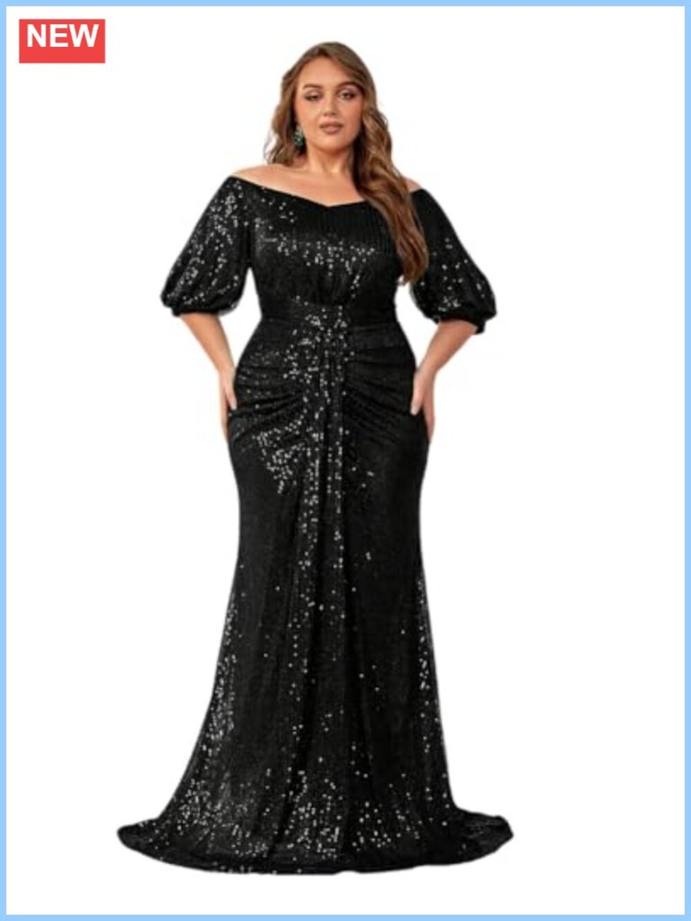 Plus Size Off Shoulder Sequin Puff Sleeve Formal Maxi Dress Prom Party Gown